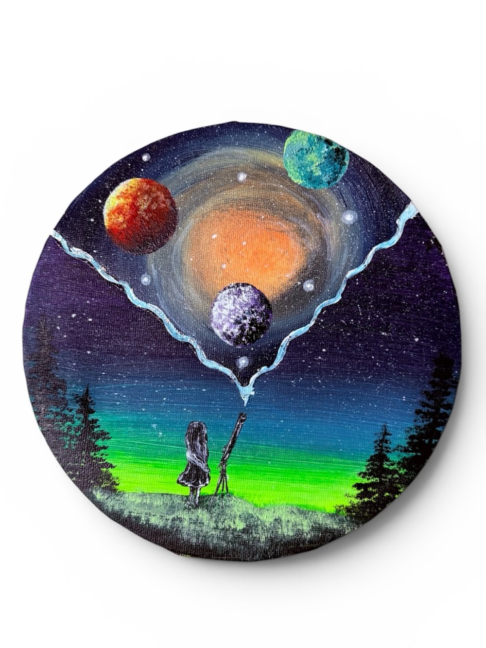 Cosmic Night Sky Round Canvas Art - Green & Purple Space Scene 8 inches